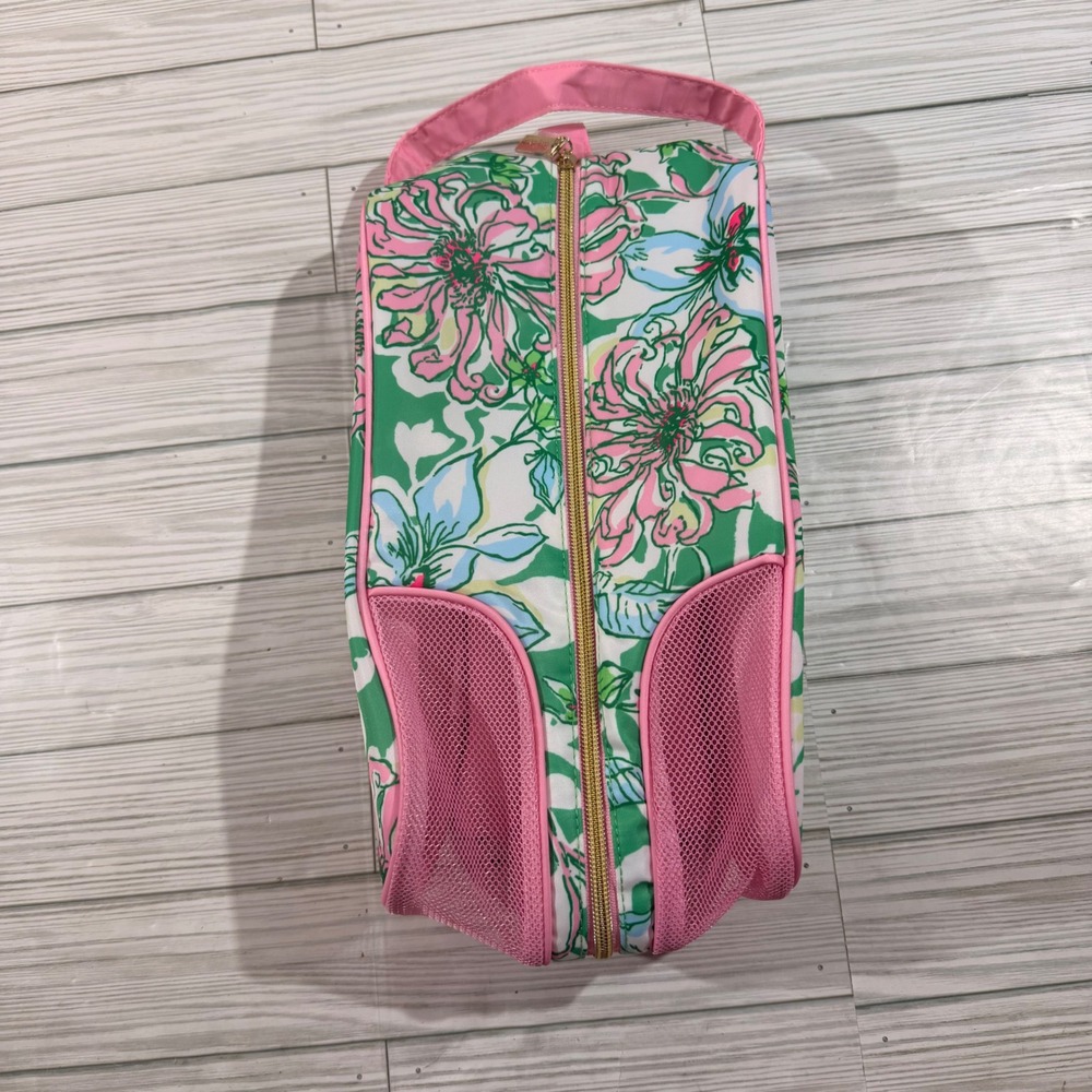 Lilly Pulitzer Floral Shoe Bag Pink Green Mesh Travel Case Gold Zipper
